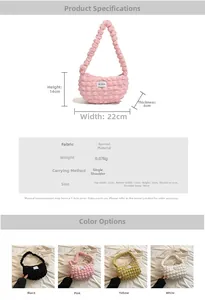 Detailed view of pink bubble pleated fabric shoulder bag with fashion label and measurements