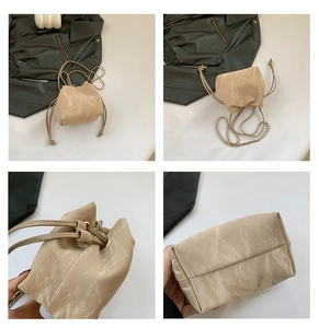 Detailed views of beige drawstring bucket bag featuring a unique crinkled texture and chain strap