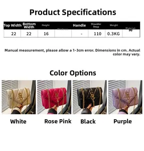 Size chart showing 22x16x7cm dimensions for the quilted chain crossbody bag in four colors