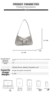 Detailed view of silver matte PU shoulder bag with dimensions 24.5cm by 13.5cm