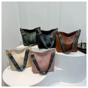 Retro faux leather tote bags in five colors with ethnic style jacquard wide shoulder straps