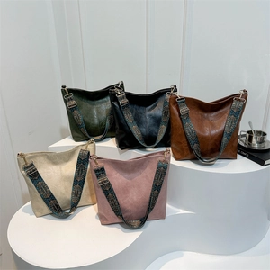 Large capacity soft leather crossbody bucket bag with vintage wide embroidered straps in 5 colors