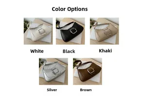 Five minimalist shoulder bags in white, black, khaki, silver and brown on a wooden desk