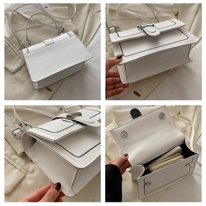 Multi-angle view of white leather crossbody bag with black stitching and interior layout