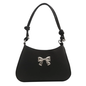 Elegant black shoulder bag with silver bow hardware and knotted strap design