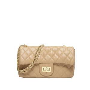 Quilted beige shoulder bag with gold twist lock and metal chain strap for women