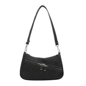 Fashionable black denim underarm bag with double zippers and silver metal hardware