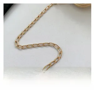 Close-up of bright gold metal chain strap detail on a minimalist women's handbag