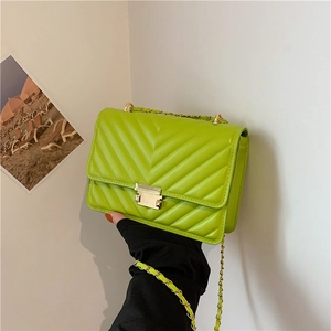 Neon green chevron quilted faux leather small crossbody bag with gold chain and clasp
