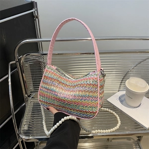 Colorful woven straw handbag with butterfly embroidery and pearl shoulder strap for summer