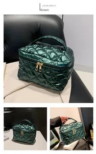 Dettaglio della trousse trapuntata verde scuro con finitura lucida e cerniere dorate