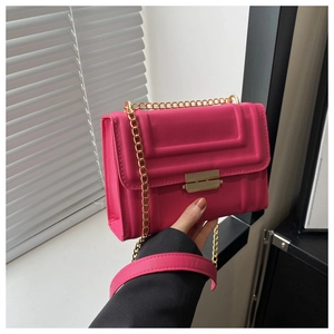 Detail of fuchsia chain bag with geometric texture and gold metal buckle closure