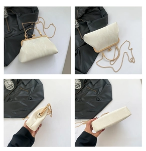 Four-view collage of a cream pleated cloud bag with a gold bead clasp and metal chain