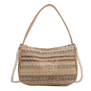 Straw shoulder bag with pink butterfly embroidery and elegant pearl handle strap