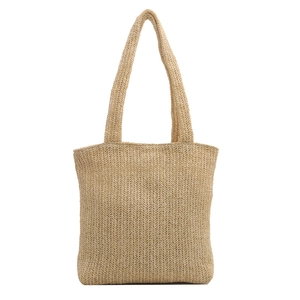Handwoven khaki straw tote bag with V-shaped texture and long shoulder straps for summer