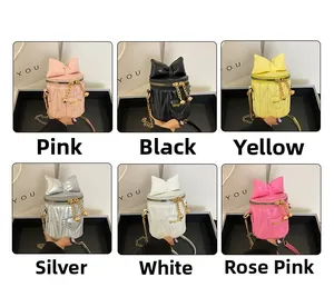 Mini quilted bucket bags with bows and gold chains shown in six vibrant color options