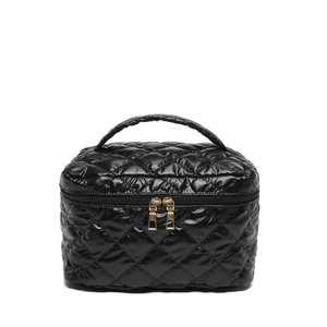 Chic black quilted rhombic square handbag with gold zippers and a portable top handle
