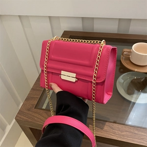 Pink crossbody bag with geometric texture, gold chain strap, and elegant metallic clasp