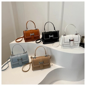 Detailed display of five colorful square leather handbags with H-shaped metal buckles