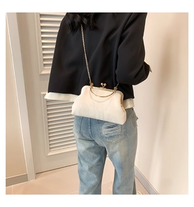 Detail of white vintage frame bag with gold chain strap on model for daily wear