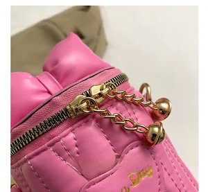 Macro detail of high-quality golden zipper and pink quilted leather texture on bucket bag