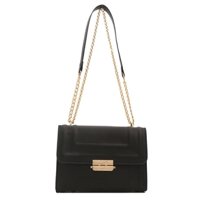 Minimalist black chain shoulder bag for women with geometric texture and gold buckle