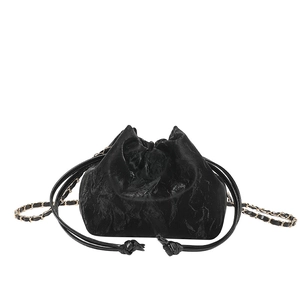 Retro black drawstring bucket bag with velvet texture and metal chain strap for women