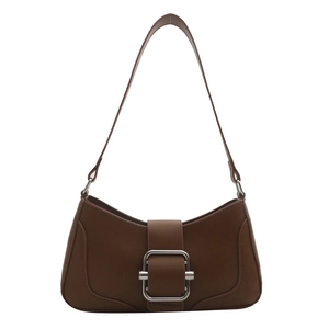 Minimalist dark brown leather baguette underarm bag with decorative silver metal buckle