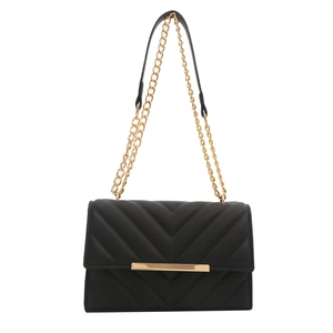 Black chevron quilted crossbody bag with gold chain strap and metallic flap detail