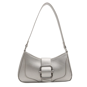 Metallic silver crescent underarm bag with a sleek satin finish and square buckle