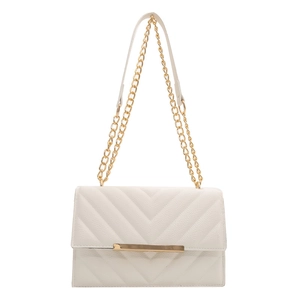 Minimalist white quilted shoulder bag with golden chain and litchi texture finish