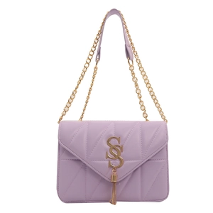 Lavender quilted leather shoulder bag with gold SS buckle and tassel detail for women