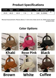 Size chart and dimensions for retro PU leather handbag with color options overview