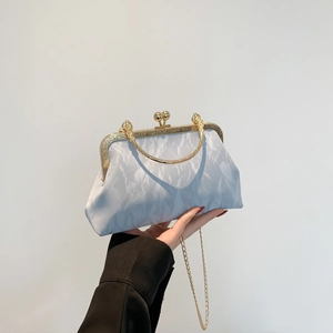 Retro light blue pleated shell bag with golden metal frame and chain strap for women