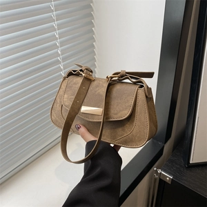 Retro brown leather underarm bag for women with gold buckle and adjustable strap