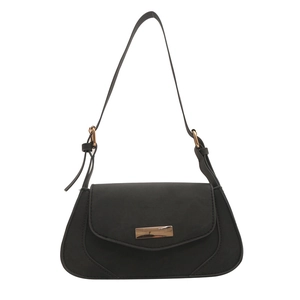 Classic black leather underarm bag with gold buckle and minimalist rectangular flap design