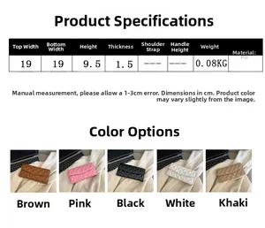 Detailed size chart and color options for quilted PU leather clutch bag with dimensions