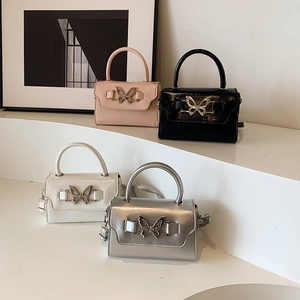 Women Butterfly Buckle PU Leather Shoulder Bag Glossy Patent Handbag Chic Square Crossbody Purse Trendy Streetwear