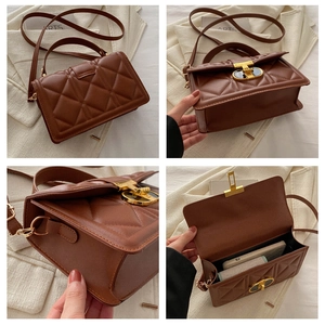 Detailed views of brown quilted handbag showing gold clasp and spacious interior compartment