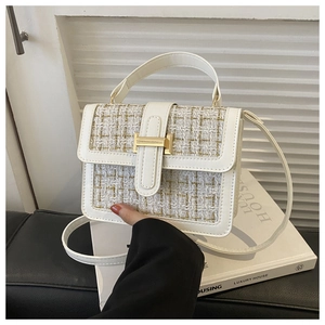 Detailansicht der weißen Tweed-Webstruktur und goldener Metallschnalle an kleiner Tasche