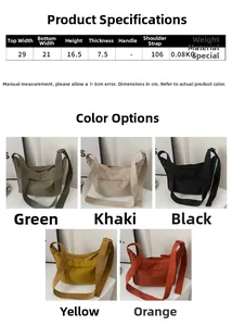 Detailed size specifications and multi-color options for the nylon crescent crossbody bag