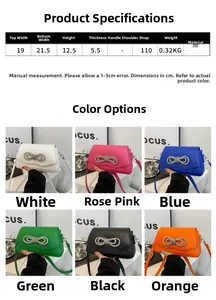 Detailed size chart for bowknot rhinestone crossbody bag with six color options