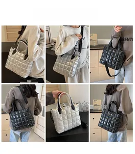 Detailed views of quilted puffer tote bags in silver, black and white showing styling options