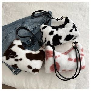 Cow Print Plush Underarm Shoulder Bag Faux Fur Animal Pattern Trendy Simple Daily Fashion Women Bag
