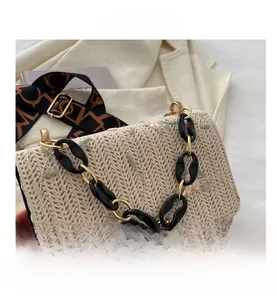 Close-up of embroidered floral patterns on woven crossbody bag with chunky chain strap