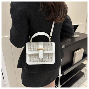 Details der quadratischen Tweed- und Ledertasche mit Goldschnalle und Schultergurt