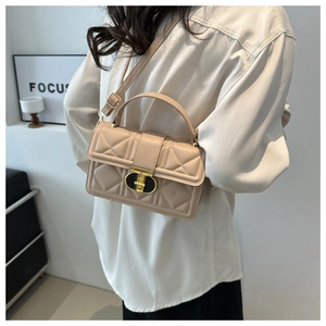 Minimalist beige quilted PU leather square handbag with golden twist lock and shoulder strap