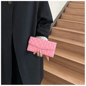 Pink quilted faux leather envelope clutch bag with rhombus pattern for women