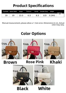 Tableau des tailles du petit sac carré en cuir PU avec détails des cinq coloris disponibles