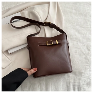 Detail view of dark brown leather bucket bag with vintage buckle and gold hardware